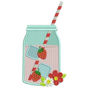 Mason Jar Drink With Ice Cubes And Strawberries Filled Machine Embroidery Design Digitized Pattern